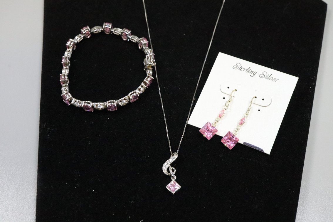 SS Pink and White stone chain bracelet with safety clasp, SS pink stone dangle earrings, SS music note with pink stone pendant on 18" SS chain