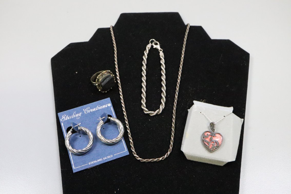 SS 18" Rope chain, SS 7.5" rope chain bracelet, SS hoop earrings, SS pink heart and marcasite pendant with chain, SS ring with black stone