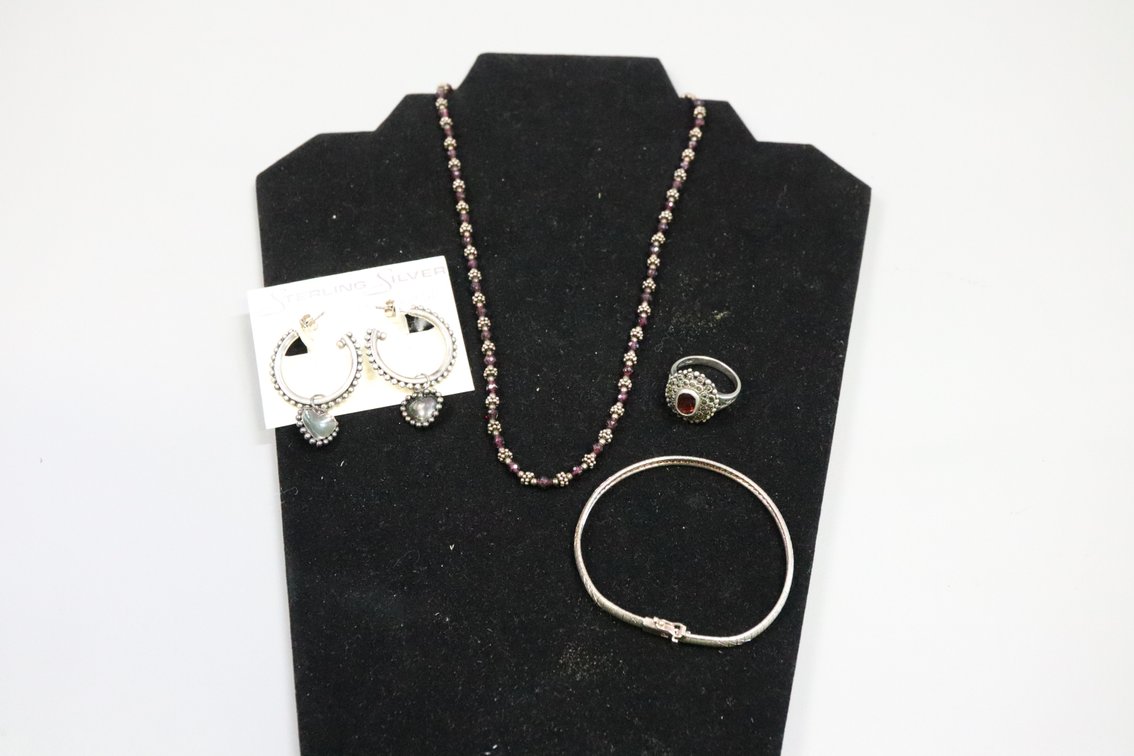 SS beaded necklace with red garnet looking stones, SS garnet looking stone ring, SS hoop earrings with dangle hearts, SS omega style bracelet