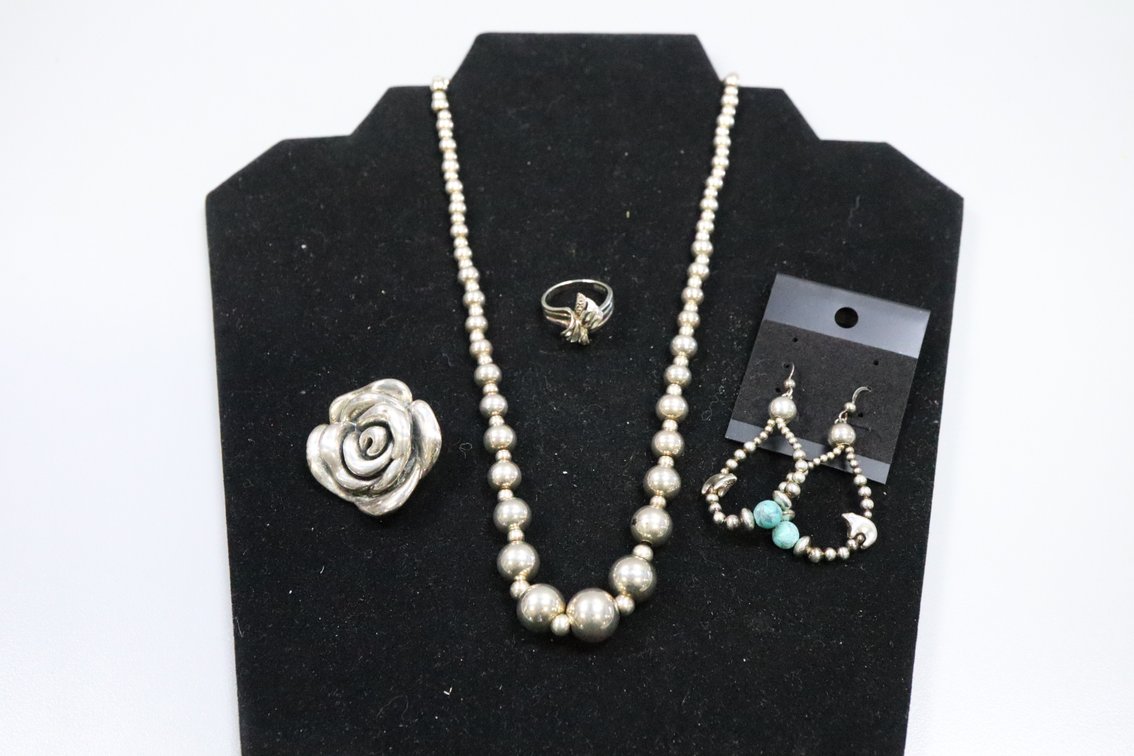 Silver beaded dangle earrings with blue stone, Silver rose pendant, SS free form ring, SS beaded necklace on SS chain