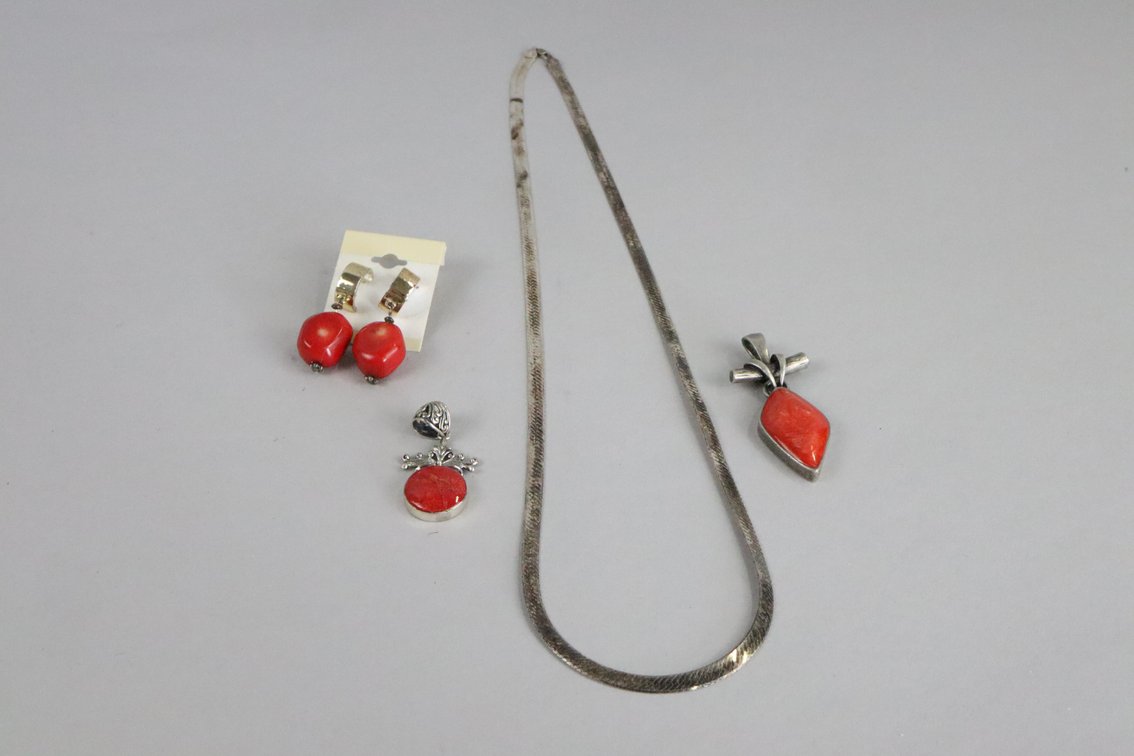 SS 30" chain, silver pendant with large diamond shaped red stone, silver pendant with round red stone, SS coral drop earrings