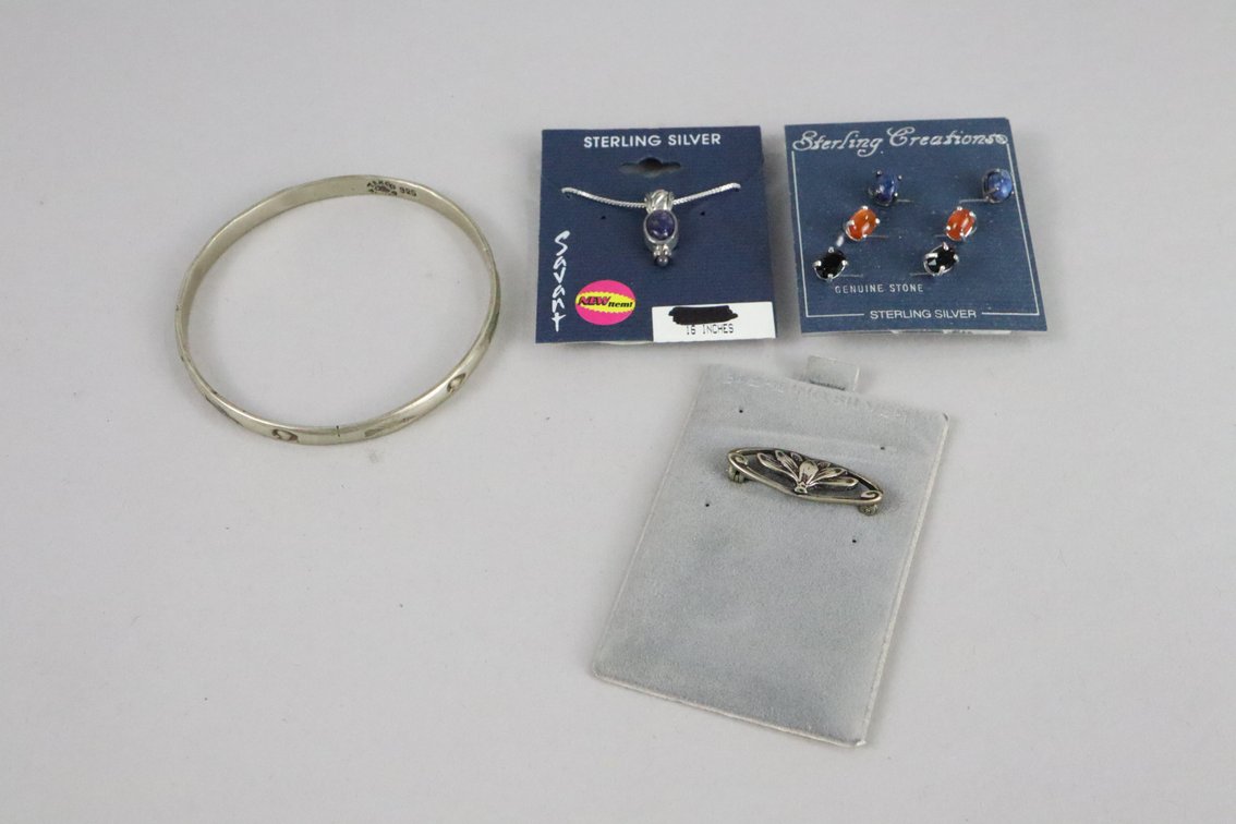 SS bangle, SS brooch, SS sodalite pendant with chain, set of 3 SS with genuine stone stud earrings