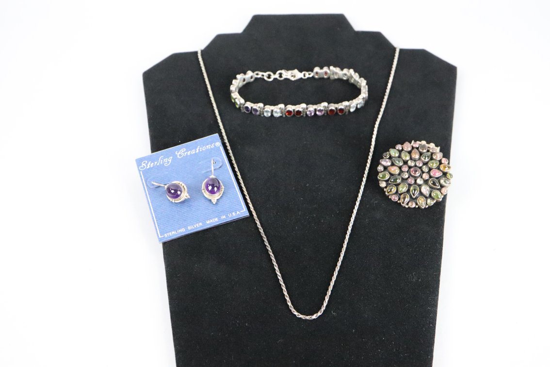 SS multi gemstone pendant, SS multi gemstone bracelet, SS 24"rope chain, SS Amethyst drop earrings