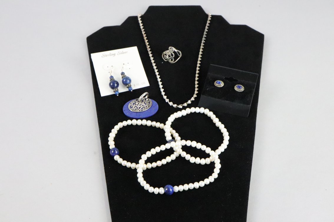 SS 18" chain, SS pendant with lapis looking stone, SS drop earrings with lapis looking stones, silver blue stone stud earrings, silver swirl ring, set of 3 stackable freshwater pearl bracelets with blue lapis looking beads