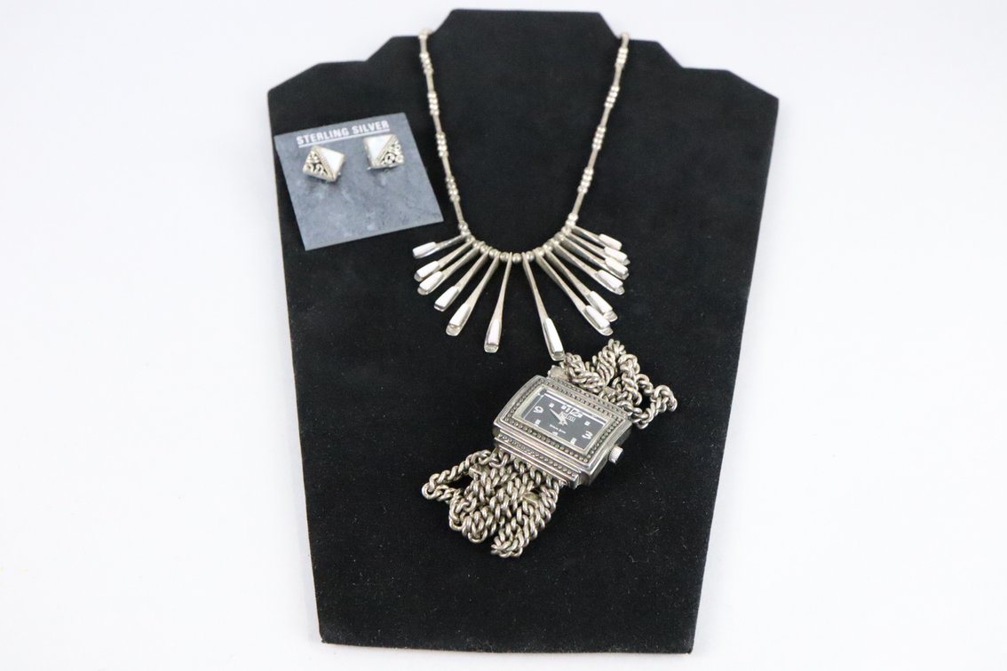 Sterling beaded necklace with mother of pearl, SS watch, SS mother of pearl earrings