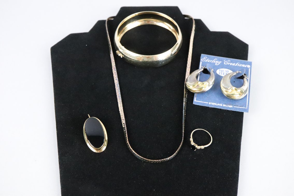 SS with gold color overlay bangle, SS with gold color overlay ring with black and white stones, SS two tone heart hoop earrings, V20 12k pendant with onxy looking stone, 20" SS gold colored chain