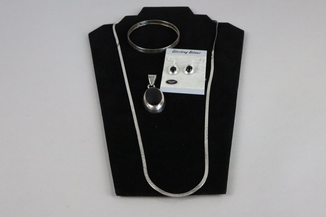 SS 30" chain, SS oval onyx looking stone pendant, SS onyx drop earrings, SS bangle bracelet