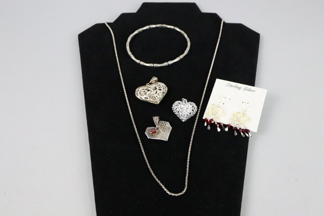 SS bangle bracelet, SS heart dangle earrings with red crystals, 2 SS heart pendants, silver heart pendant with red stone, SS 30" rope chain