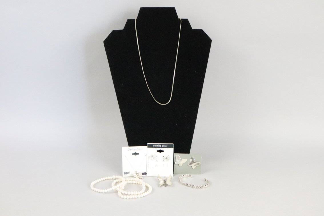 SS small cuff bracelet, set of 3 freshwater pearl bracelets, SS mother of pearl butterfly pendant with chain, SS mother of pearl butterfly earrings, SS butterfly earrings, silver butterfly pendant, SS 18" chain