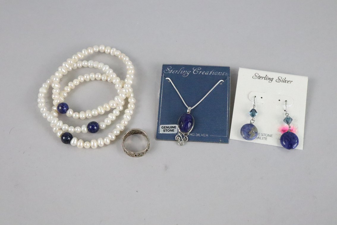 SS blue stone scarab pendant with chain, SS sodalite dangle earrings, set of 3 freshwater pearl with blue stone bracelets, SS celtic knot ring