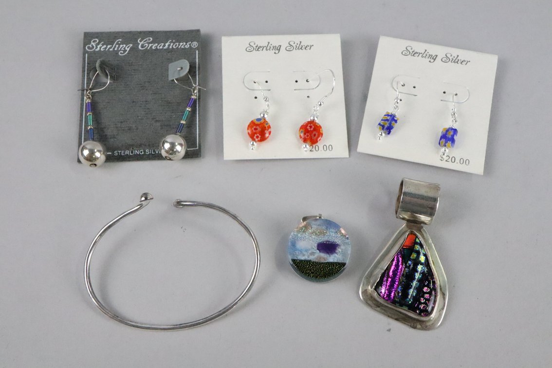 SS large dicroic glass freeform pendant, SS and dicroic glass round pendant, SS blue glass earrings, SS orange glass earrings, silver bracelet, SS purple/green/blue with silver bead dangle earrings