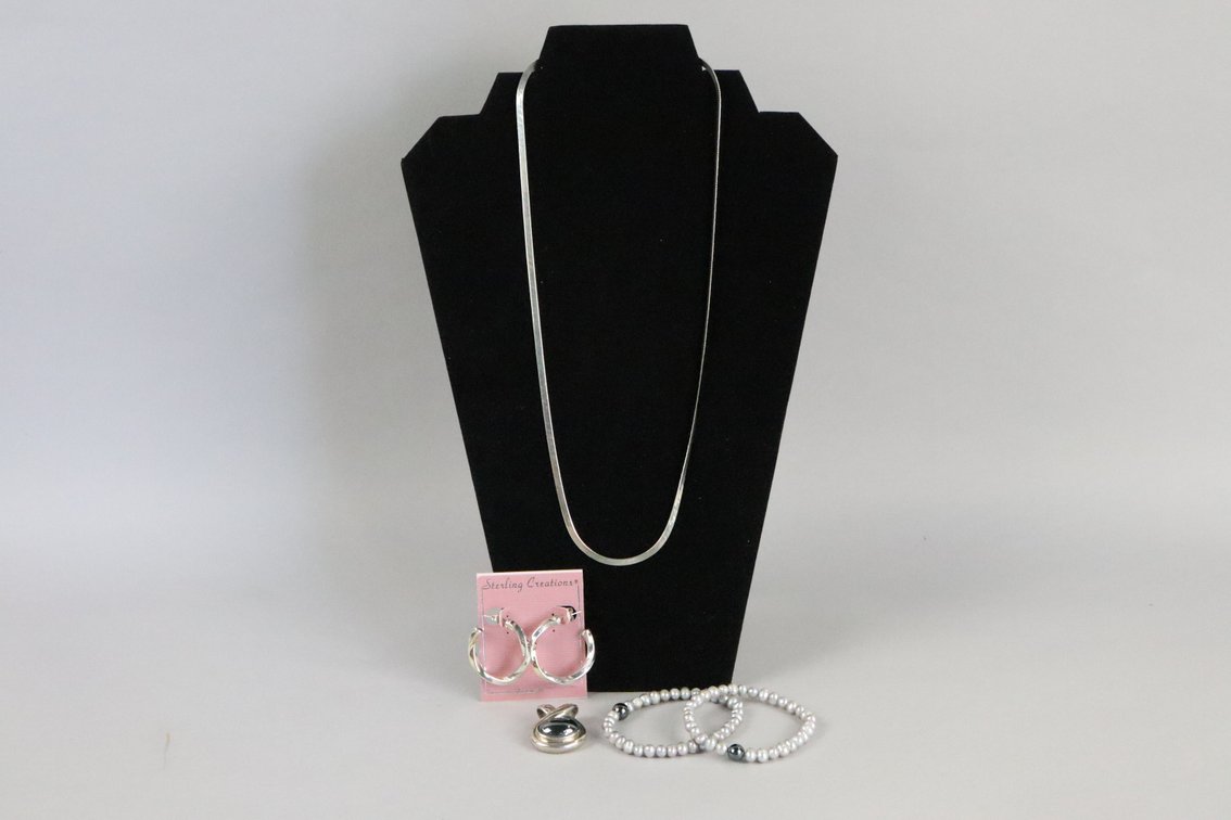 SS hoop earrings, SS with hematite pendant, SS 24" chain, set of 2 freshwater pearl and grey bead bracelets