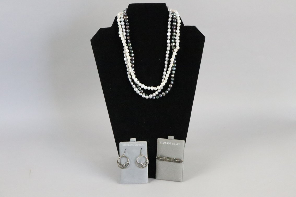 SS brooch, SS bird dangle earrings, triple strand white/grey/black cultured pearl necklace