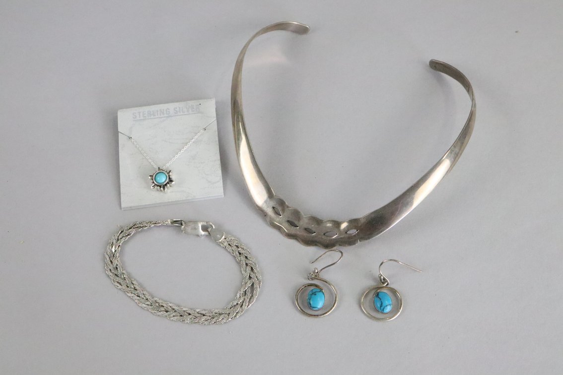 SS Collar Necklace, silver with turquise looking stone drop earrings, SS pendant on chain with turquise looking stone, SS braided bracelet