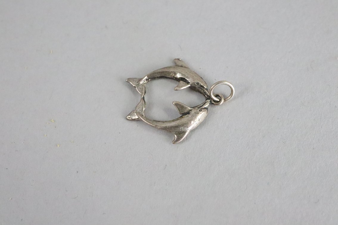 950 silver mosaic dolphin pendant, SS dolphin drop earrings, SS dolphin pendant, silver double dolphin pendant, SS blue heart ring, SS 16" chain