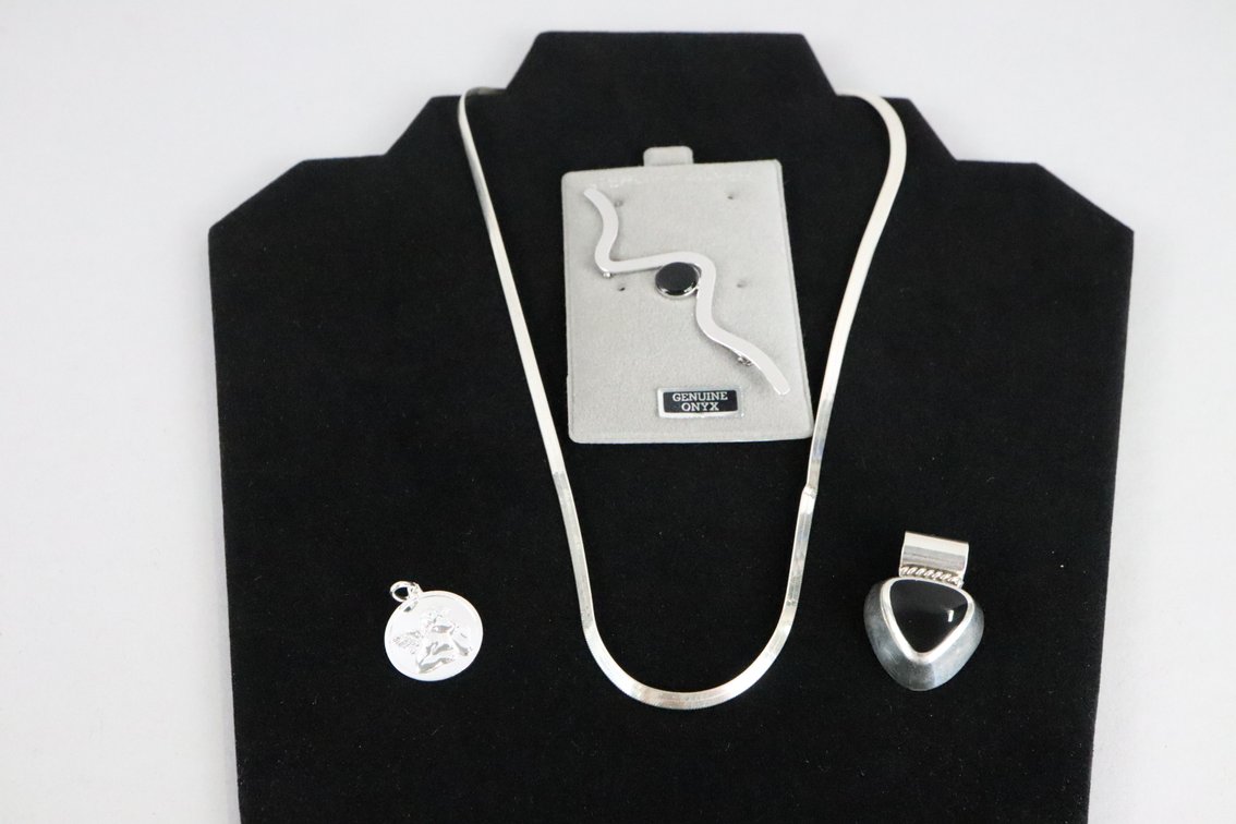 SS 18" chain, SS pendant with onyx looking stone, SS onyx brooch, SS angel charm