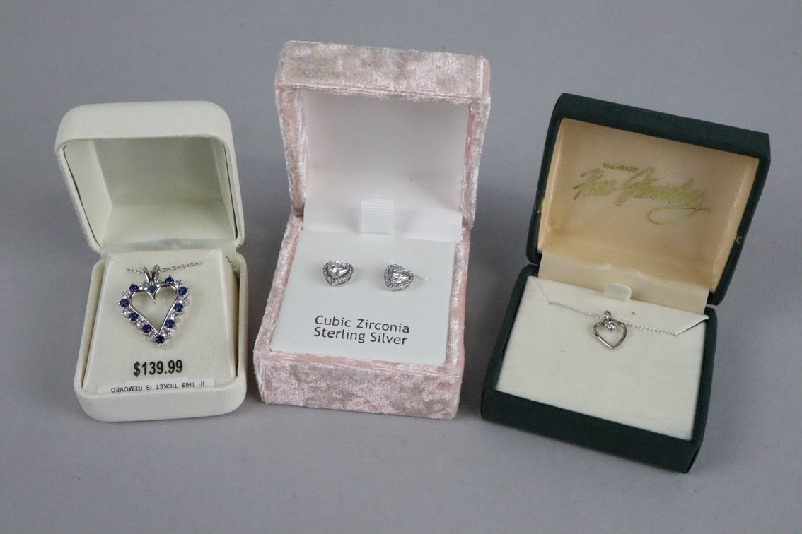 SS created white and blue sapphire heart pendant, SS cubic zirconia heart earrings, SS heart pendant on chain with white stone