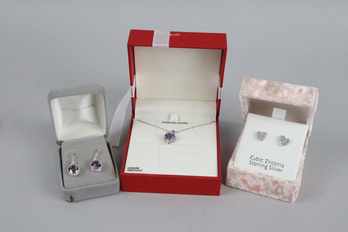SS genuine amethyst and cubic zirconia heart shaped pendant on chain, SS dangle earings with purple stones, SS cubic zirconia heart studs