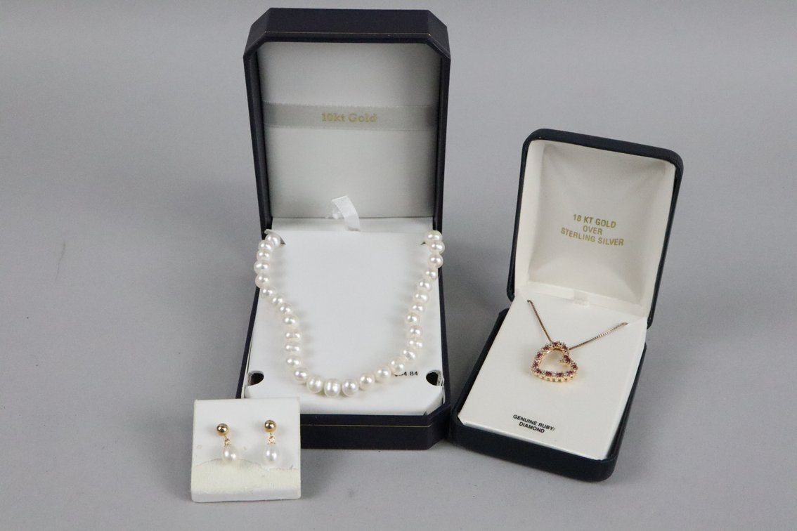 14k fresh water pearl dangle earring, 10k 18" cultured pearl knotted necklace, 18k over SS genuine ruby heart pendant 