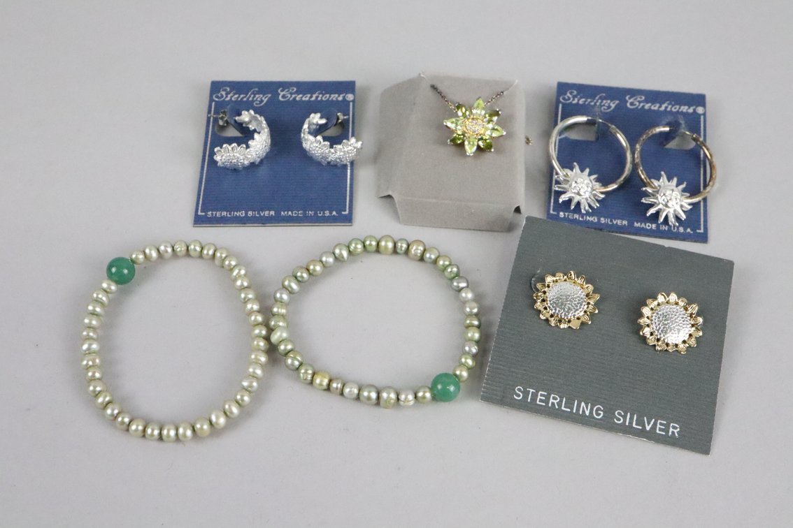 SS olive stone flower pendant on 18" chain, SS flower hoop earrings, SS sun hoop earrings, SS sunflower post earrings, set of 3 green cultured pearl bracelets with green accent bead 