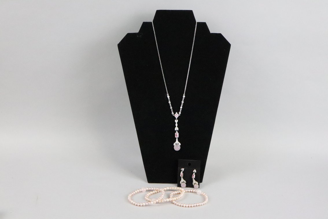 SS pink and white stone necklace with matching dangle earrings, set of 3 pink cultured pearl bracelets with pink accent beads, silver heart pendant with pink stone