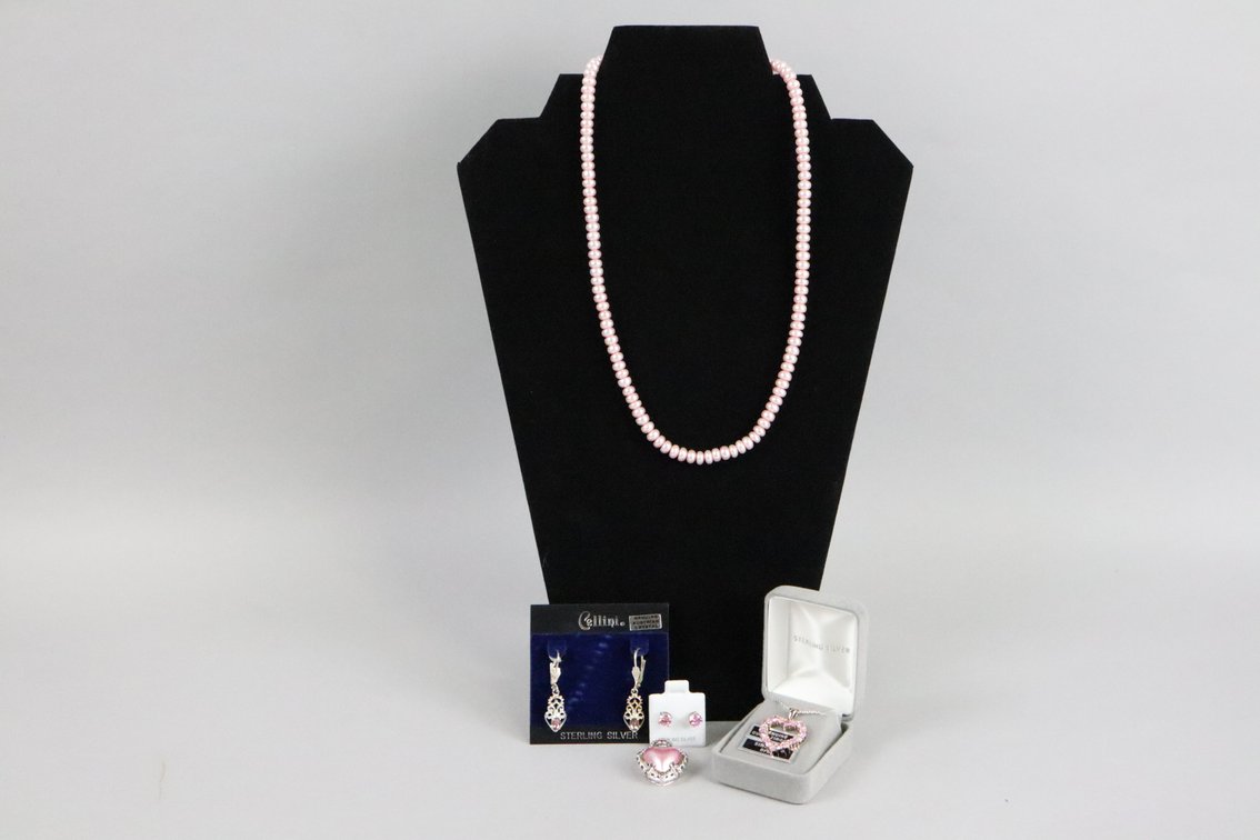 SS pink CZ with simulated opal heart pendant with chain, 20" pink cultured pearl necklace, SS two tone heart pendant with pink pearlescent heart and ruby colored stones, SS pink stone studs, SS pink austrian crystal dangle earrings