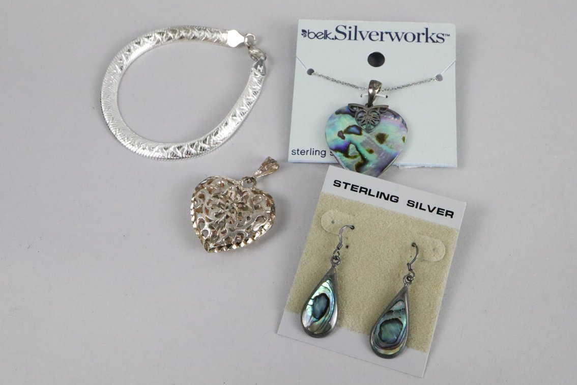 SS abolone colored heart pendant with chain, SS abolone colored teardrop earrings, SS heart pendant, SS bracelet