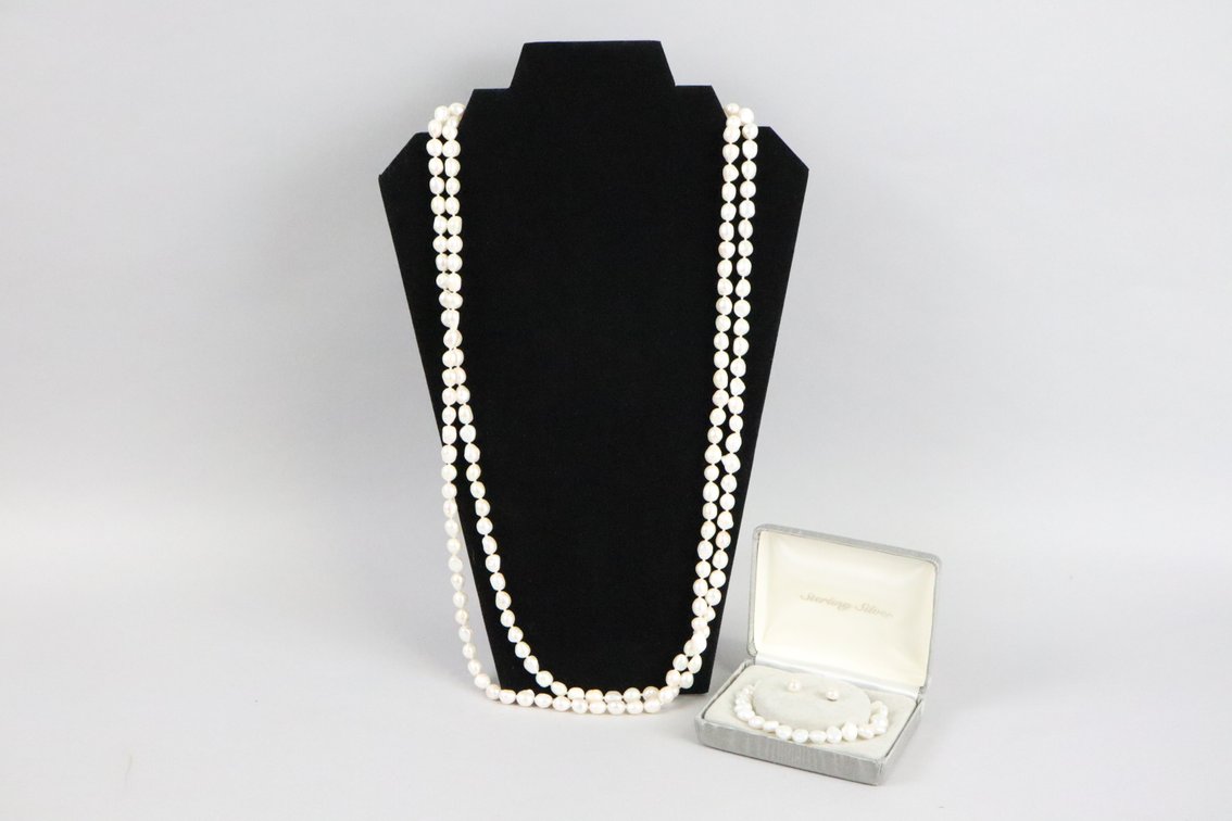 SS cultured white pearl bracelet with stud earrings, 64" knotted cultured white pearl necklace