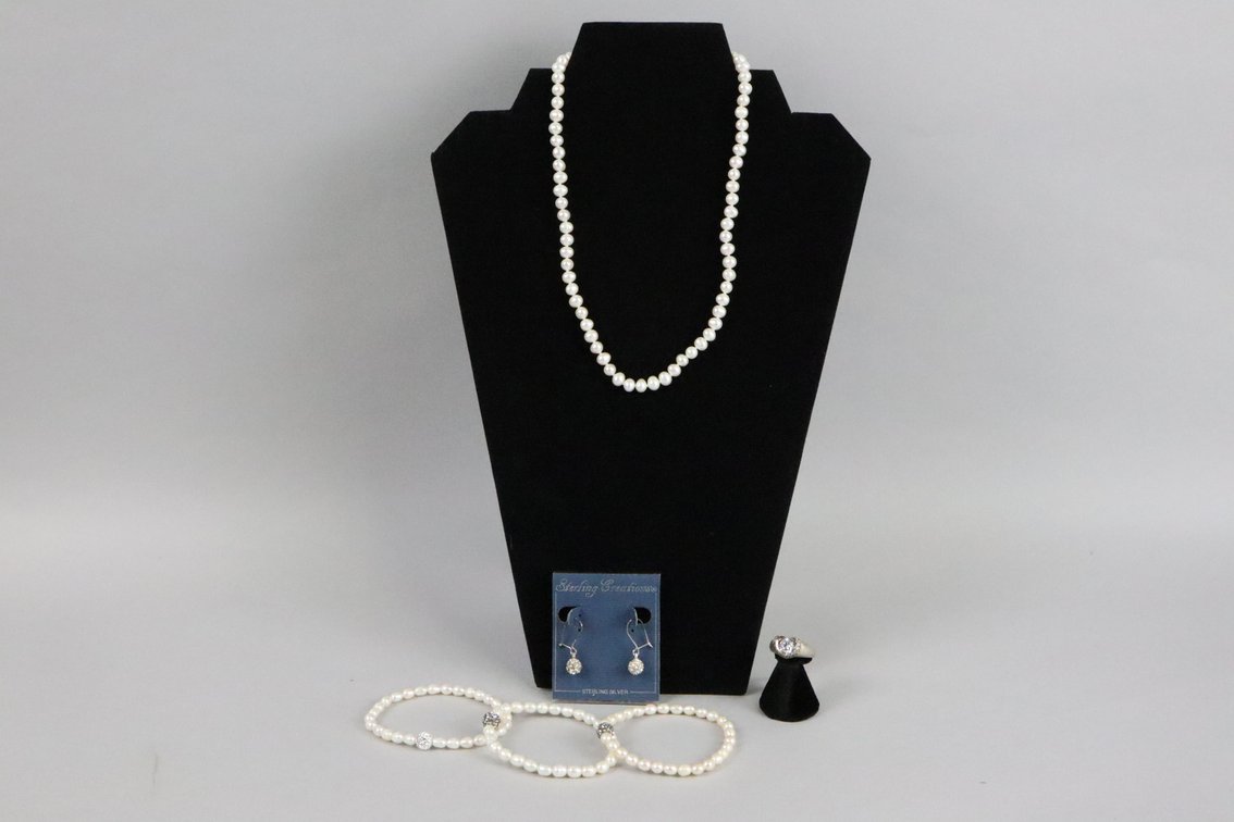 17.5" knotted cultured white pearl necklace, set of 3 cultured white pearl bracelets with round with white stone bead accent, SS round with white stone dangle earrings, SS heart ring with white stone and accents