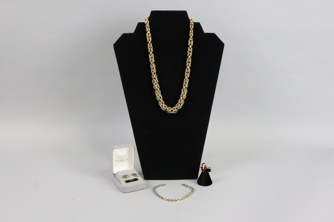 18k over SS genuine ruby flower earrings, 925 gold colored ring with ruby colored stone, 925 gold colored rope bracelet, GEP Italy stamped graduated chain necklace, 