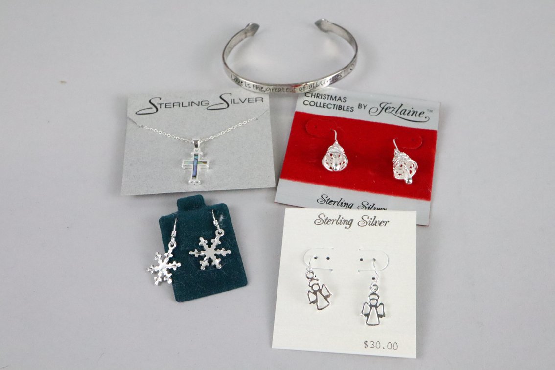 SS love cuff bracelet, SS and shell cross, SS snowflake earrings, SS bell earrings, SS angel earrings