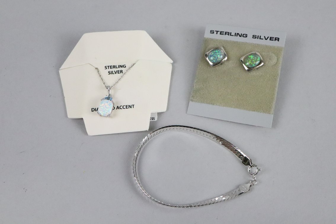 SS opal looking stone earrings, SS created opal treated topaz and diamond accent pendant on chain, SS bracelet