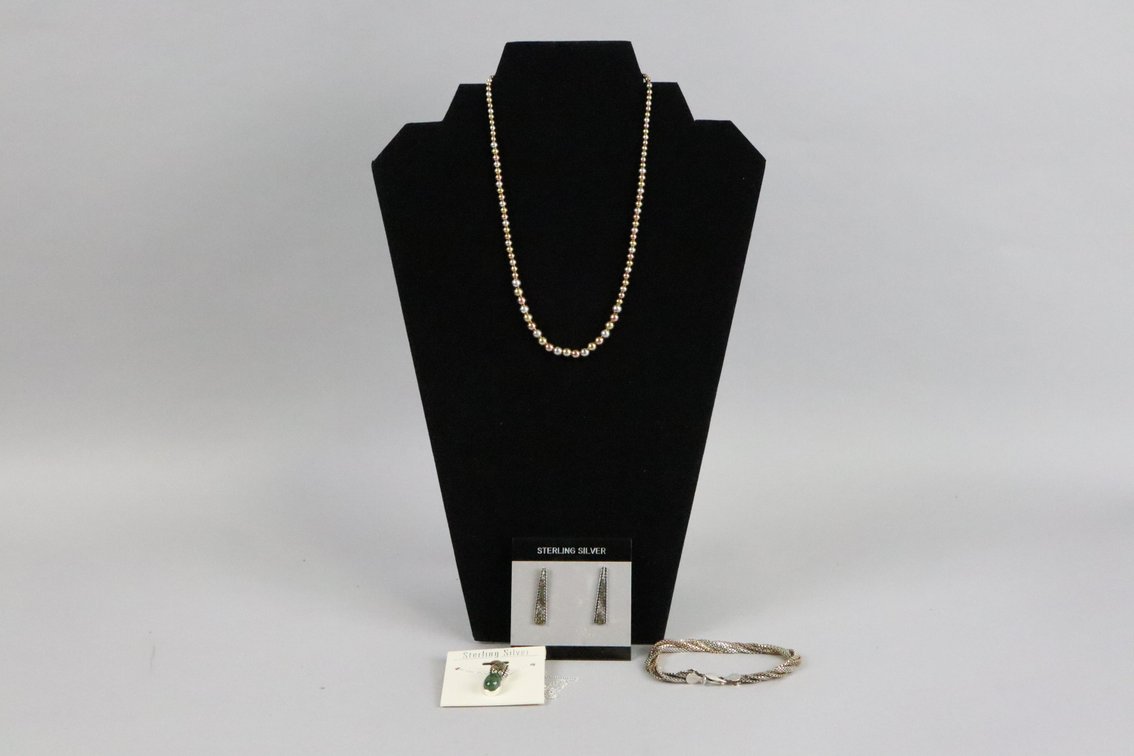SS two tone pendant with green stone, SS two tone earrings, SS triple tone beaded necklace, SS triple tone bracelet