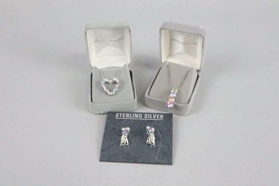 SS multi colored stone pendant with chain, SS multi colored stone heart pendant with chain, SS muti colored earrings