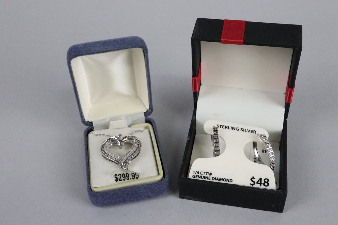 SS 1/2 CTTW diamond heart pendant on chain, SS 1/4 CTTW diamond hoop earrings