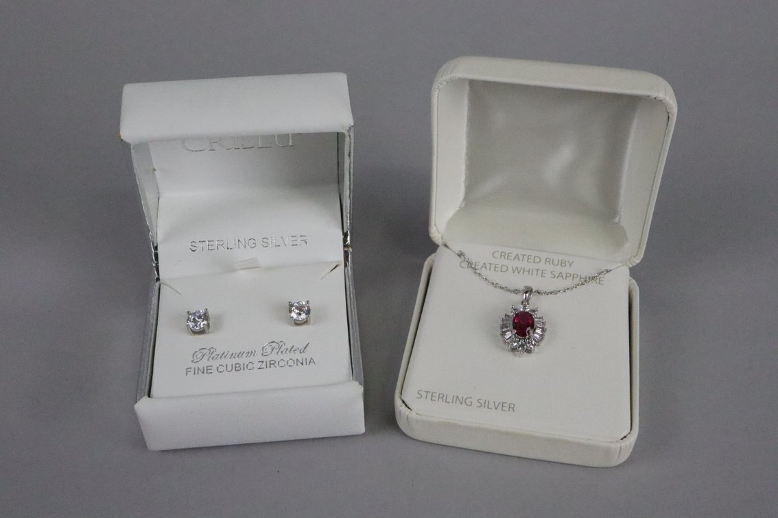 SS Created ruby and white sapphire pendant with chain, SS platinum plated cubic zirconia studs