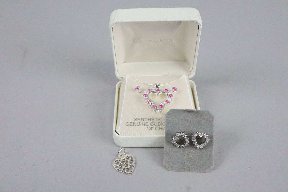 SS synthectic ruby and cubic zirconia heart pendant with stud earrings on 18" chain, SS heart studs with white stones, SS heart charm
