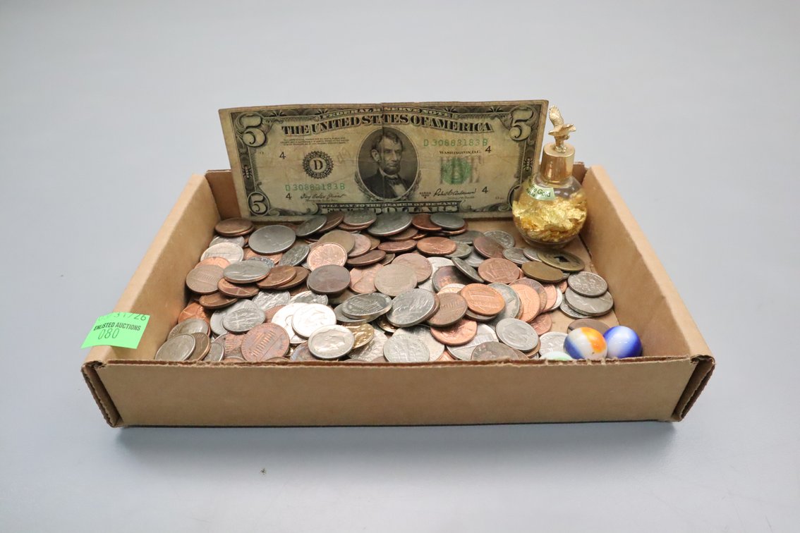 $5 Note, Change, Marbles, Flakes Marked "Genuine Gold Alaska"