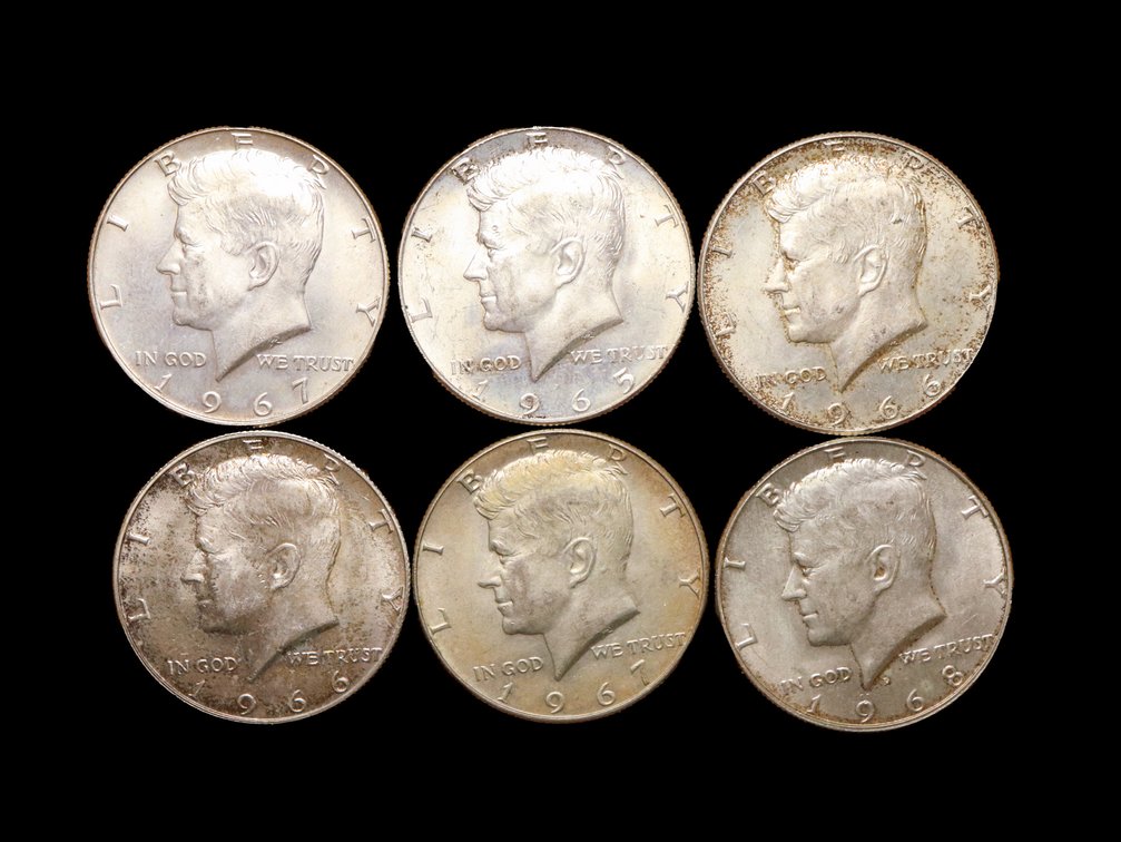 (6) Silver Kennedy Half Dollars 1967, 1965, 1966, 1968-D, 1967, 1966