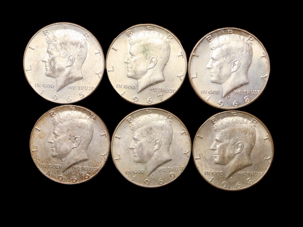 (6) Silver Kennedy Half Dollars 1965, 1967, 1968 – D, 1966, 1969 – D, 1968 – D