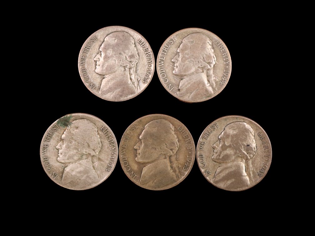 Jefferson Silver War Nickels 1943 – S, 1944 – P, 1943 – S, 1943 – P, 1942 – S,