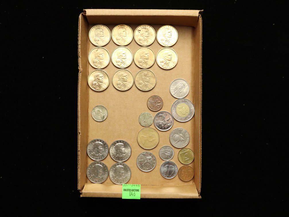 (11) Sacagawea Dollars, (4) Susan B Anthony Dollars, Foreign Coins