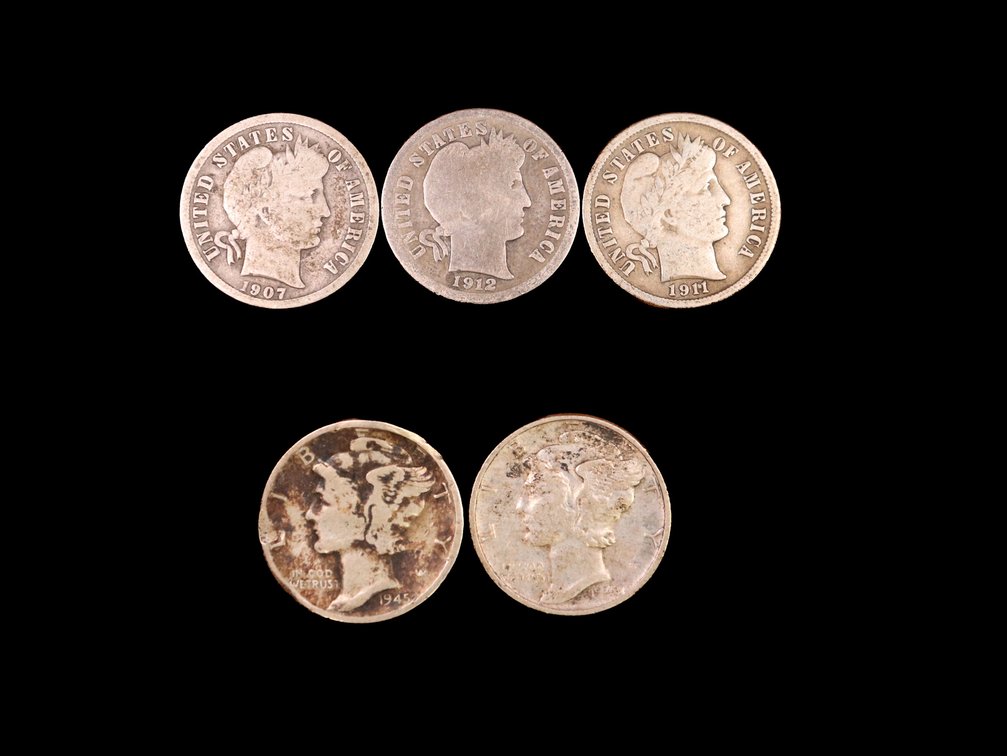 (3) Barber Dimes 1907, 1912, 1911 (2) Mercury Dimes 1945-S, 1943