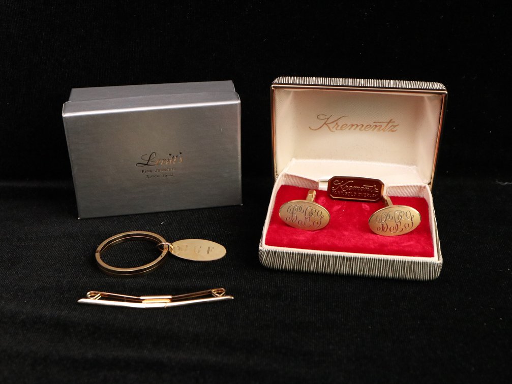 Key Ring Stamped 1/20 12K T.G M.S, Tie Bar, Krementz Cufflinks