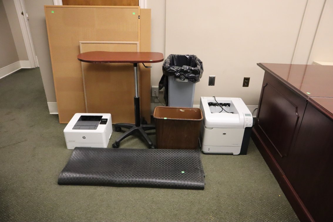 (2) Laserjet Printers, Cork Boards, Trash Can