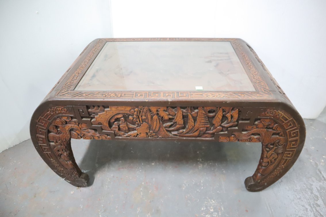 Engraved Coffee Table With Glass Top