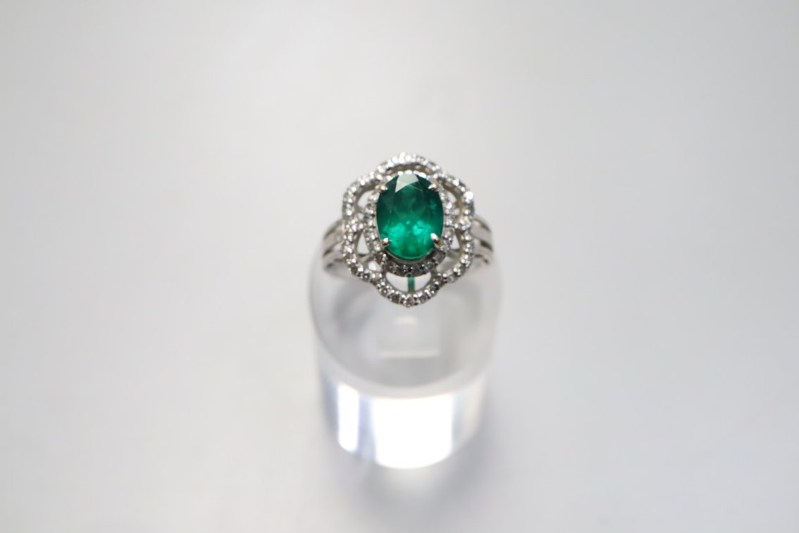 14K White Gold Lab Grown Emerald & Diamond Ring