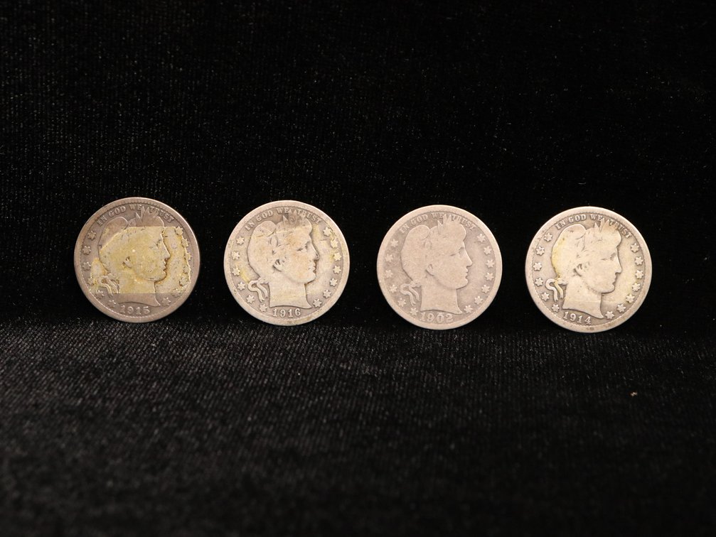 (4) Barber Quarters 1902 S, 1914 P, 1915 P, 1916 D