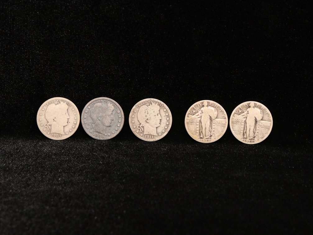 (2) Standing Liberty Quarters 1926–1930 (3) Barber Quarters 1911, 1907 D, 1896 O 