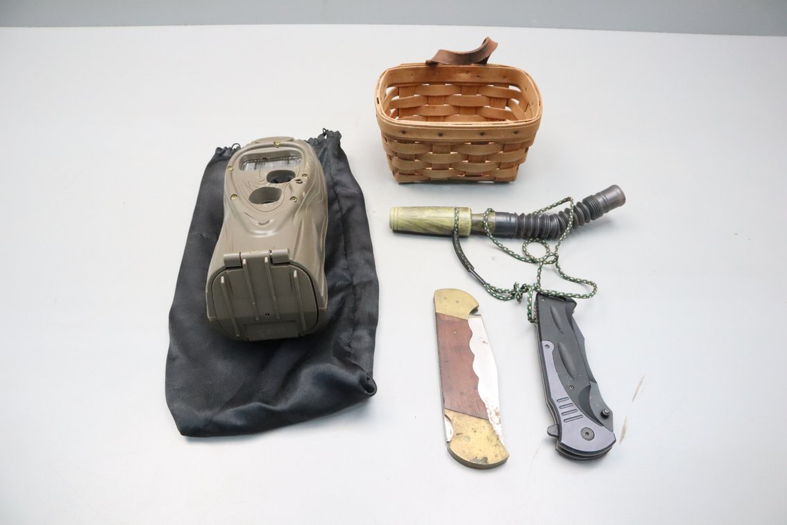 Trail Camera, Beer Call, Folding Knives, Small Longaberger Basket